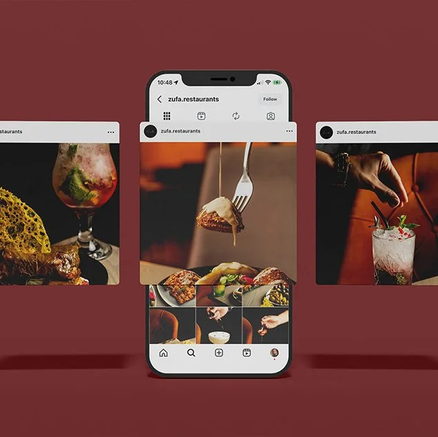 An iPhone displaying a restaurant Instagram page with food photos, flanked by two additional food images on either side, all set against a red background.