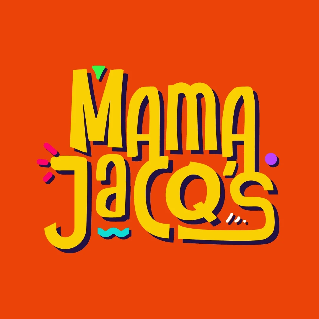 Colorful graphic design with the text "Mama J'aqués" in yellow, outlined in black, on an orange background. Various small decorative elements surround the text including a pink and purple circle, a pink shape, a blue zigzag line, and black squiggly lines.