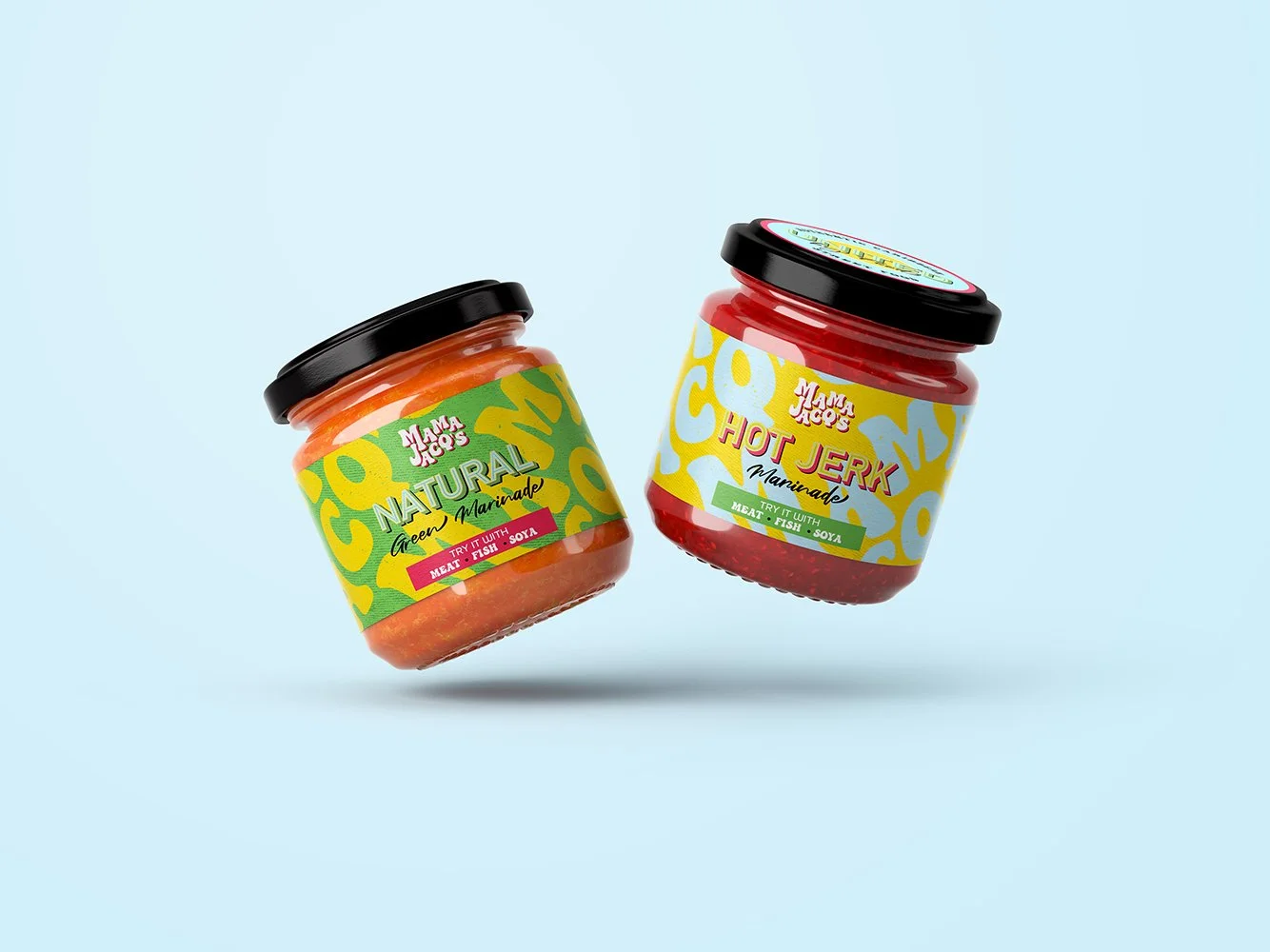 Two jars of Mama Jico marinades, one labeled 'Natural Green Marinade' and the other 'Hot Jerk Marinade,' floating against a light blue background.