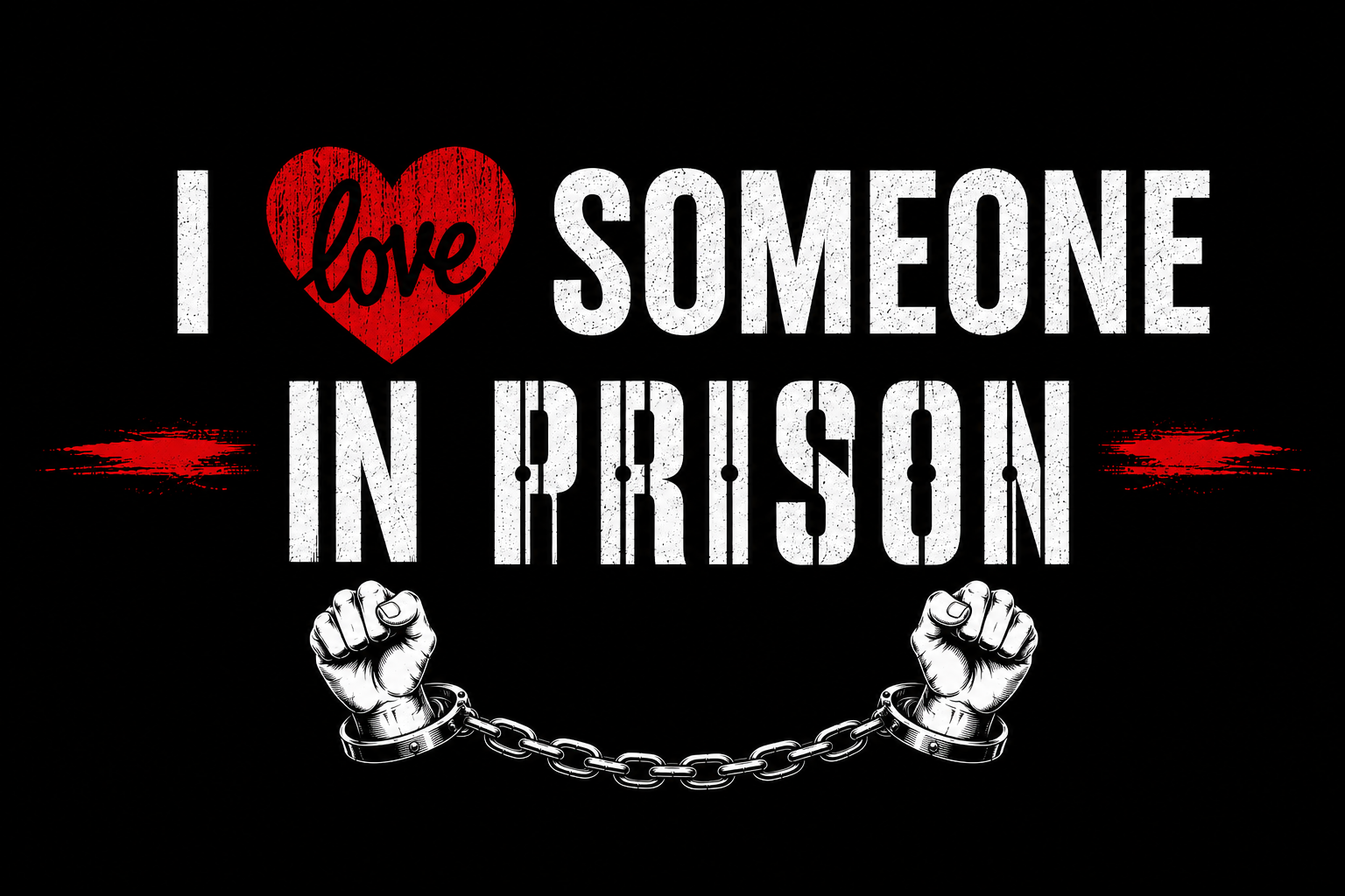 Graphic design featuring text that says "I love someone in prison" with a red heart and handcuffs and chains, on a black background.