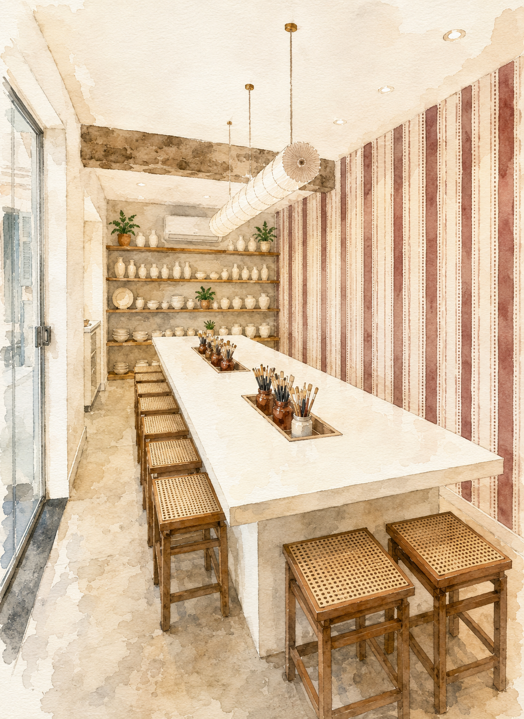 Interior de uma sala de aula de cerâmica com uma bancada longa, várias cadeiras de madeira com assento de palha, prateleiras com peças de cerâmica branca e vasos com plantas, paredes com papel de parede listrado vermelho e branco, iluminação suave.