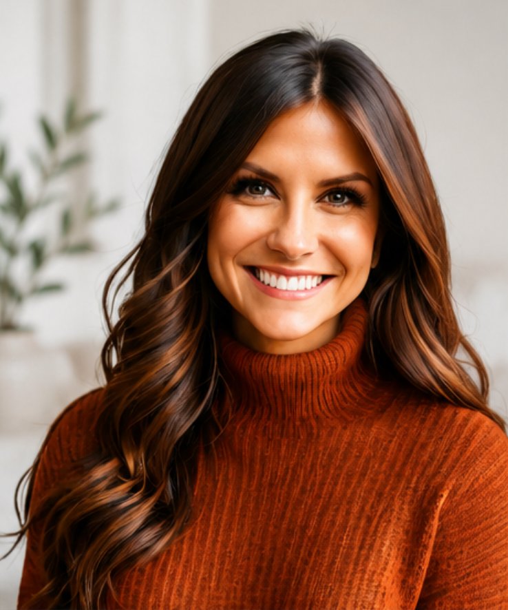 A woman with long, wavy brown hair, smiling, wearing a rust-colored turtleneck sweater, indoors with a blurred background.