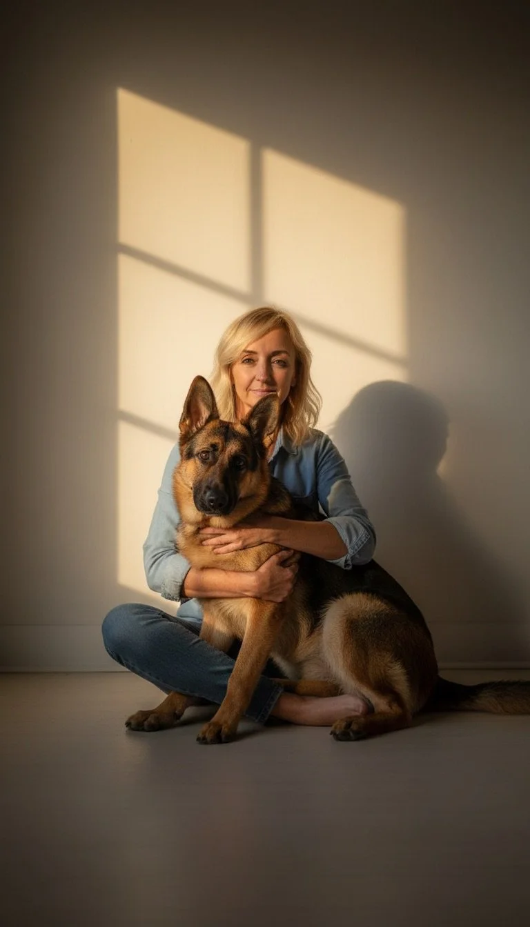 A woman sitting on the floor with a German Shepherd puppy, illuminated by sunlight through a window, casting a shadow on the wall.