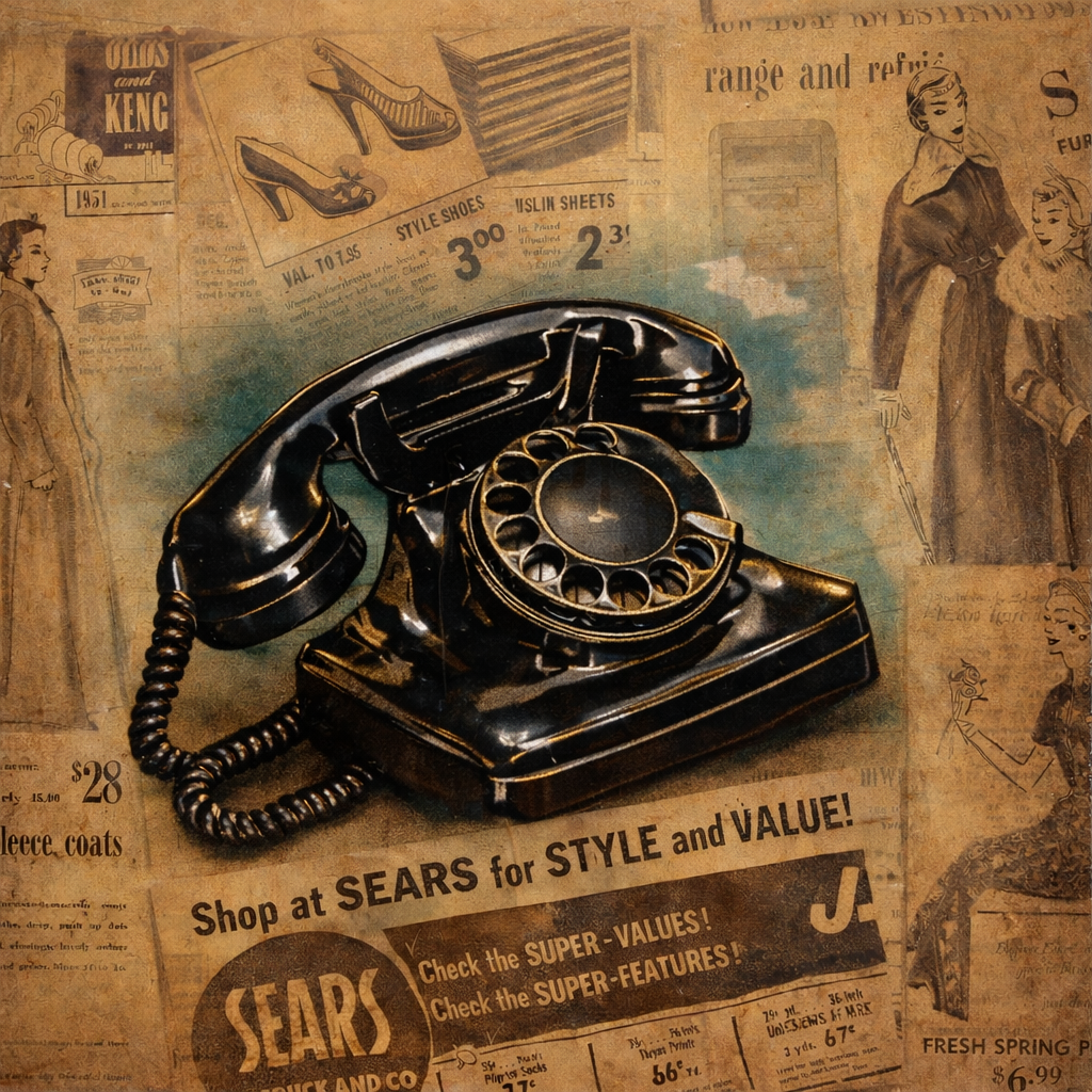 A vintage black rotary telephone placed on a surface covered with old newspaper advertisements and illustrations.
