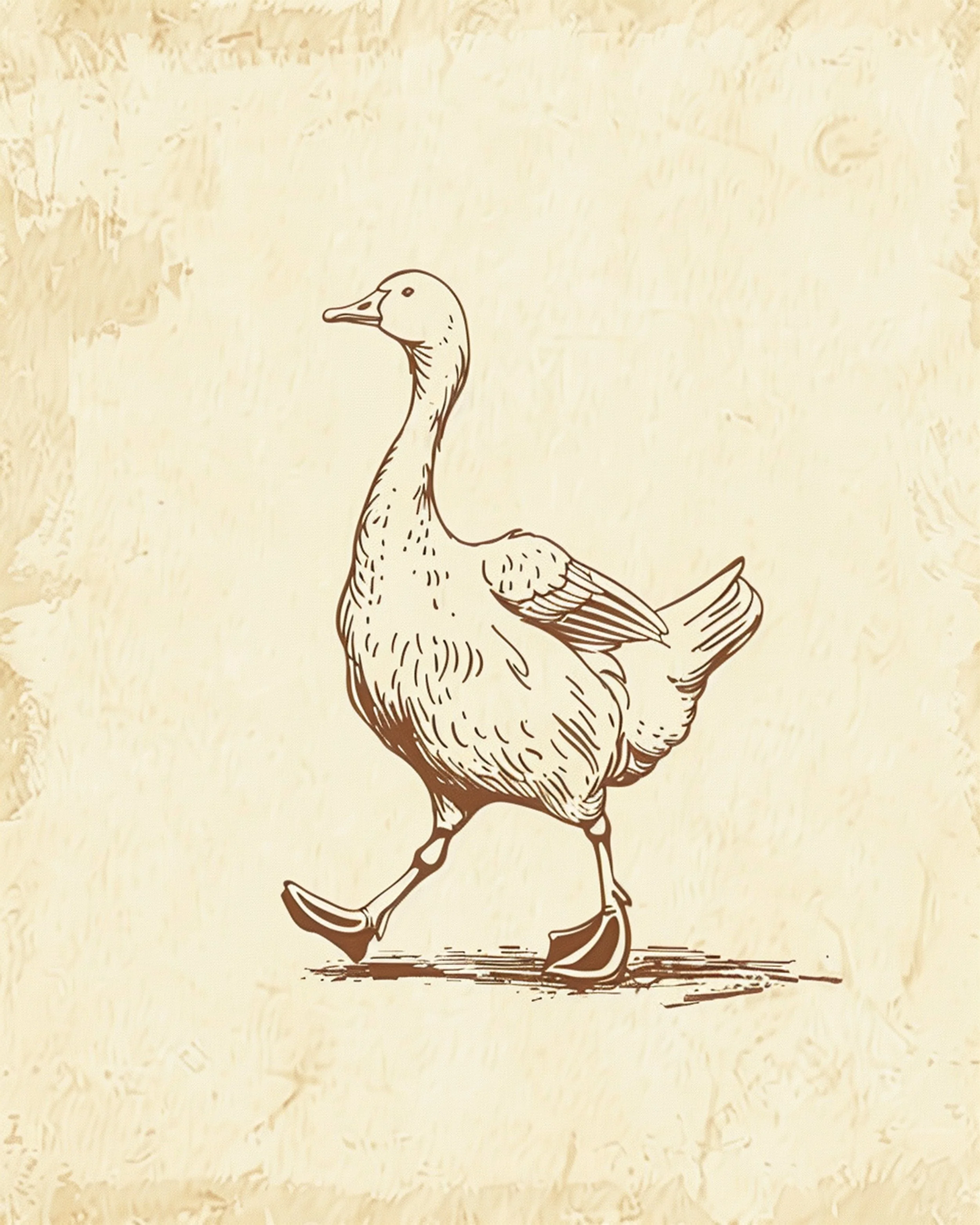 Illustration of a duck with a long neck, standing on one leg on a patch of ground.