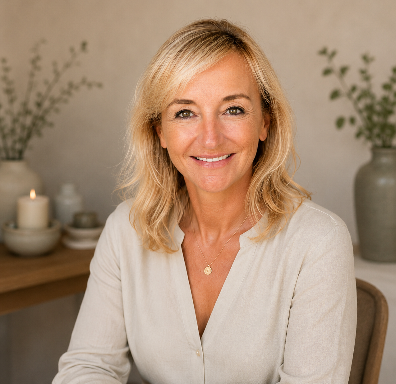 A woman with blonde, layered hair, smiling, wearing a cream-colored blouse and a gold necklace with a small pendant, sitting in a cozy, softly lit room with candles and decorative vases with greenery in the background.