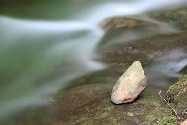 A small rock on a mossy rock near a flowing stream or river.