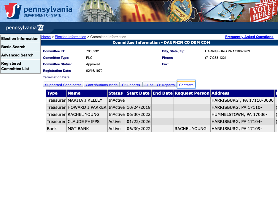 PA Department of State committee registration for Dauphin County Democratic Committee; date of registration 16 Feb 1979