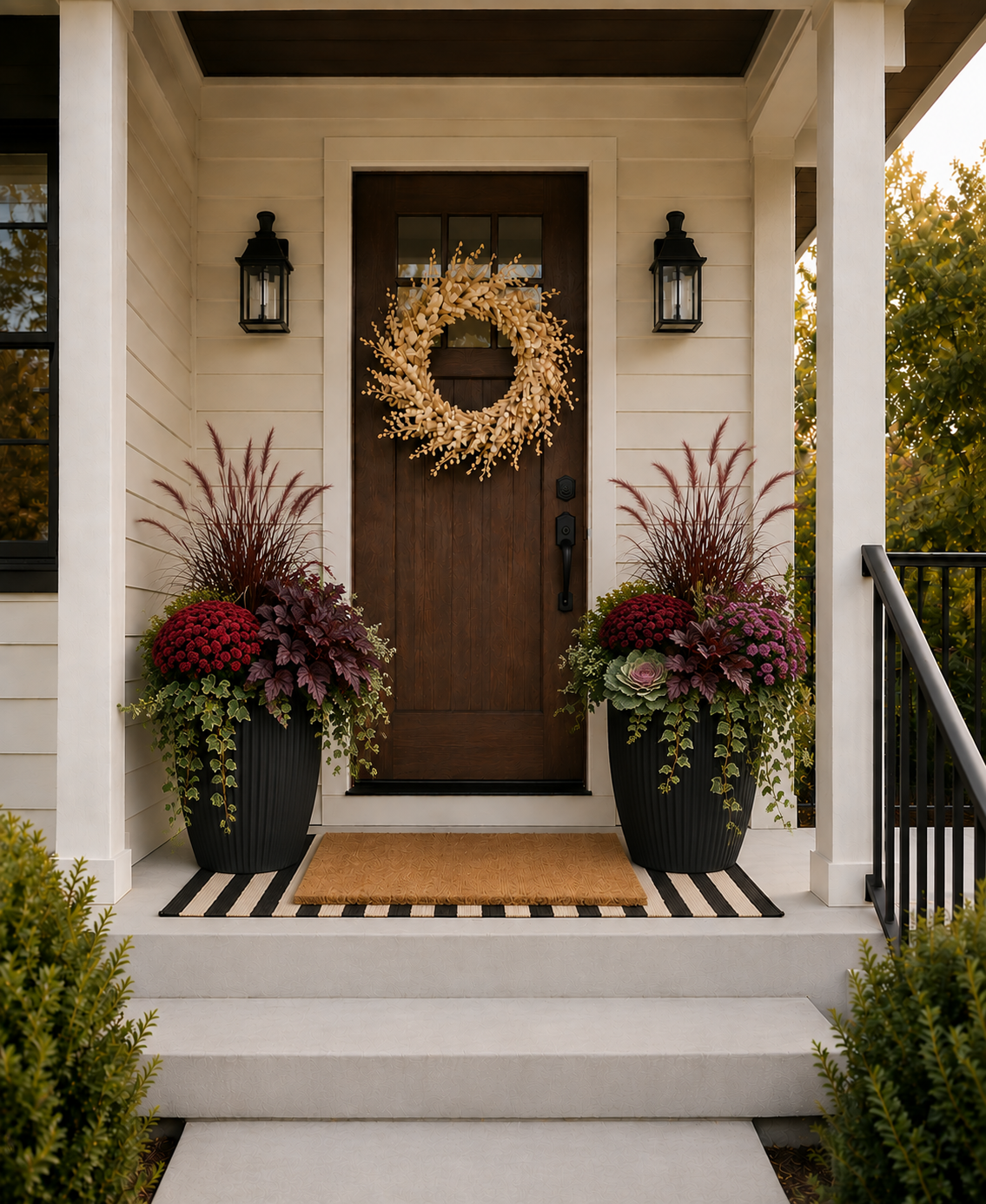 Fall container garden with purple fountain grass, burgundy foliage, flowers and trailing ivy.
