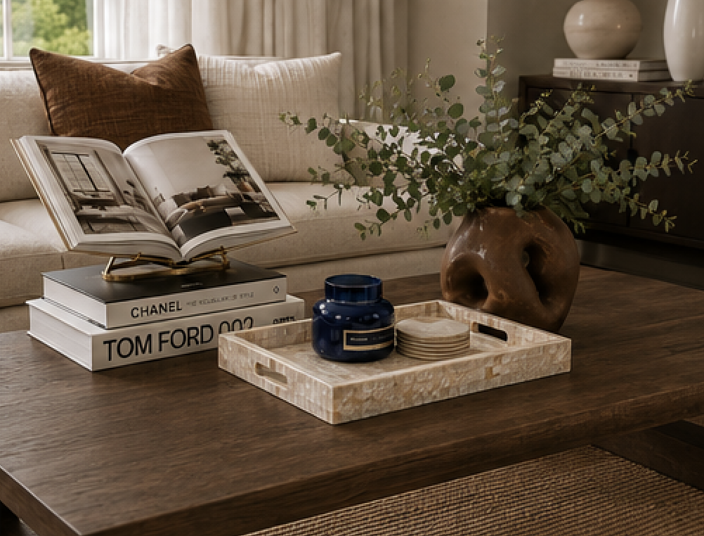 Warm living room with a dark wood coffee table styled with design books, shell-inlay tray, blue candle, sculptural brown vase, and greenery.