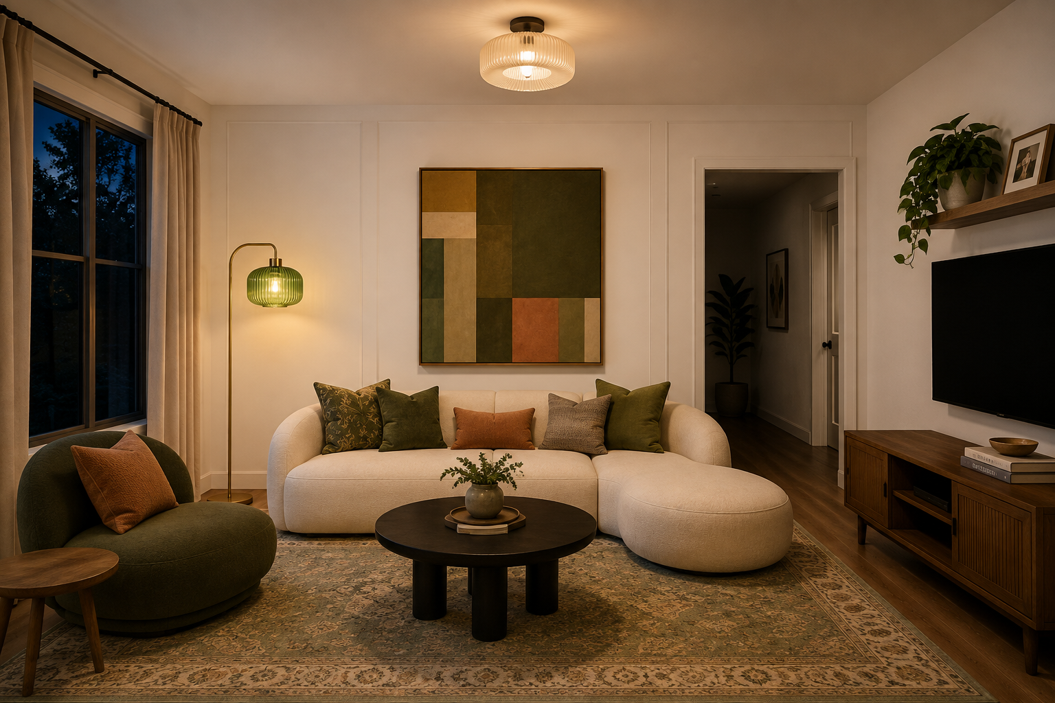 Living room with a green ribbed glass floor lamp adding warm ambient light beside the sofa