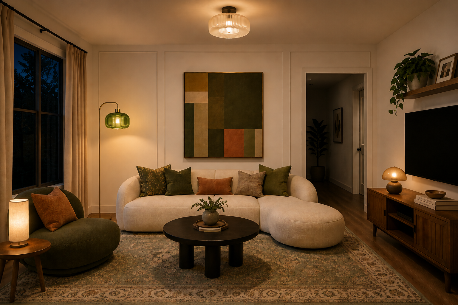 Small mushroom accent lamp adding a warm pool of light to a living room media console