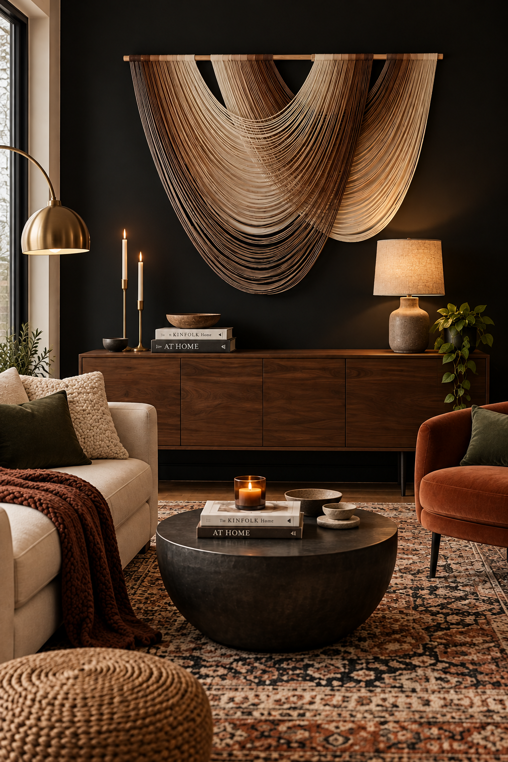 A large-scale, dip dyed fiber wall hanging is displayed on the black accent wall of a modern living room, above a low, walnut wood table.