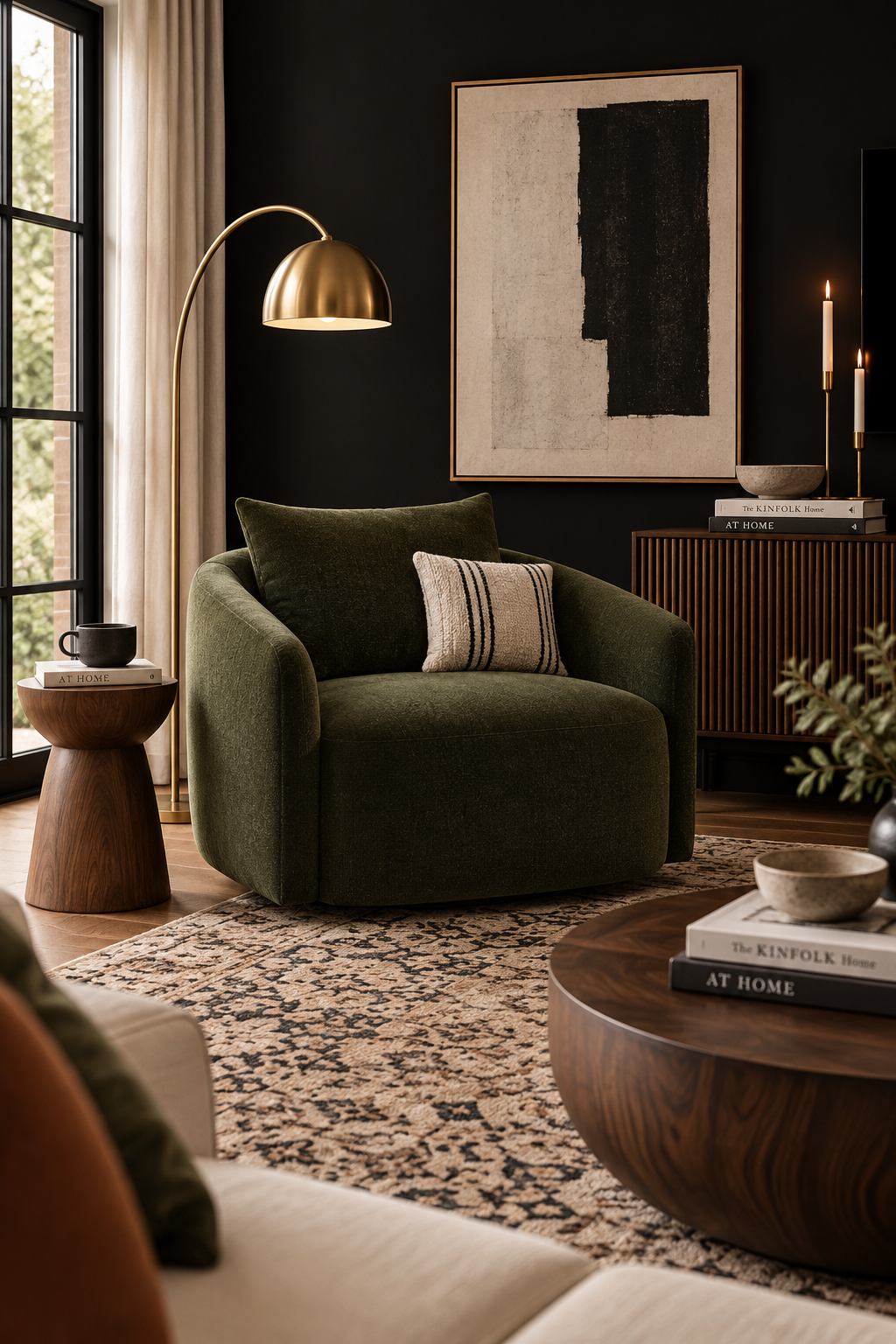 An olive green swivel accent chair sits in front of a black accent wall in a modern living room with walnut wood furniture accents