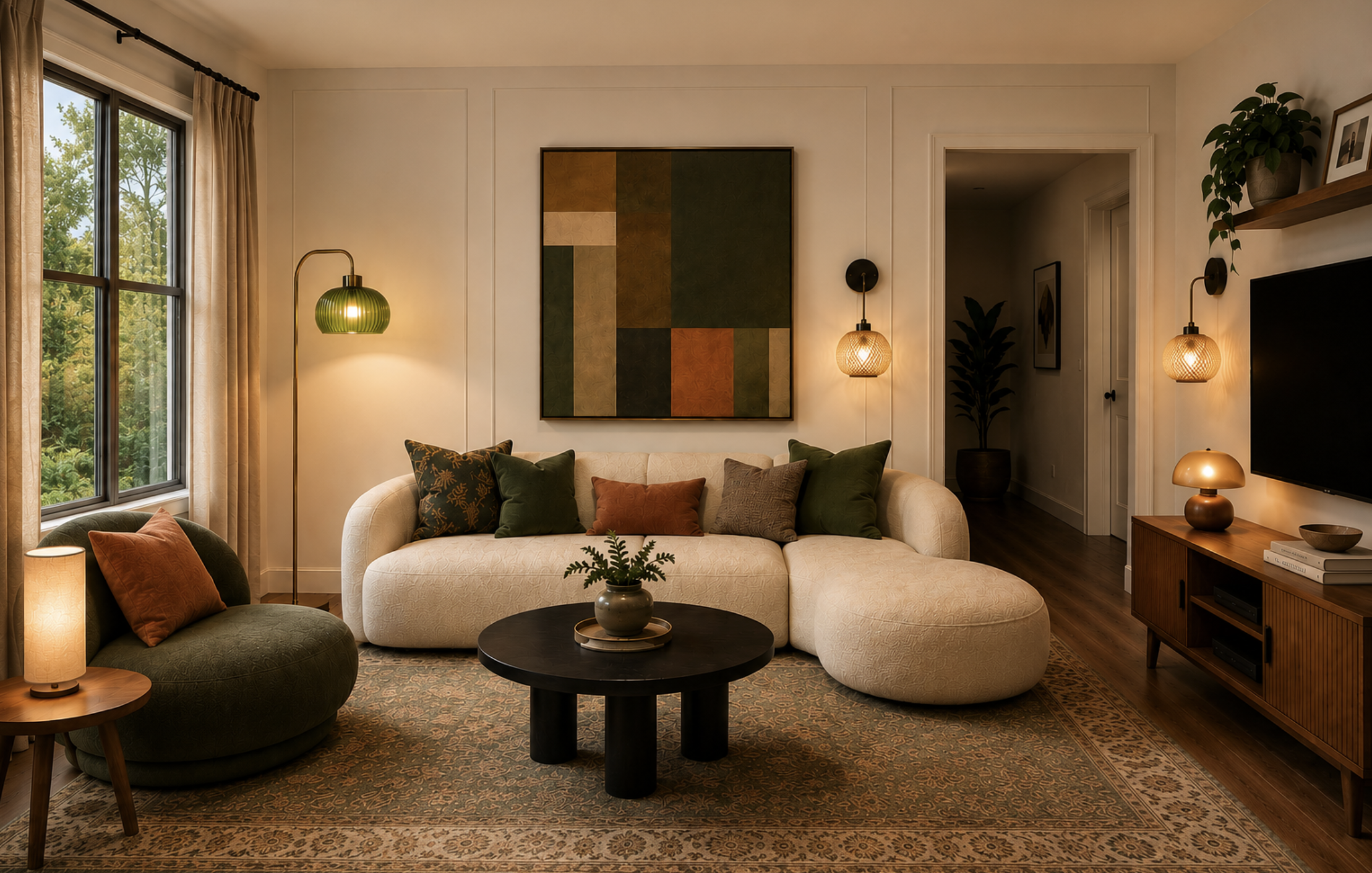 Cozy living room with layered warm lighting from floor, table, accent and wall lights