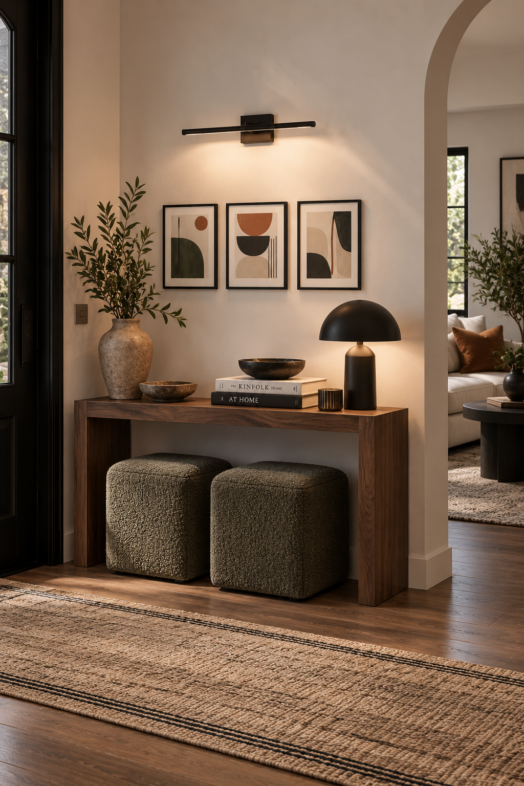 Three pieces of abstract art are framed in black aluminum picture frames above a modern entryway table