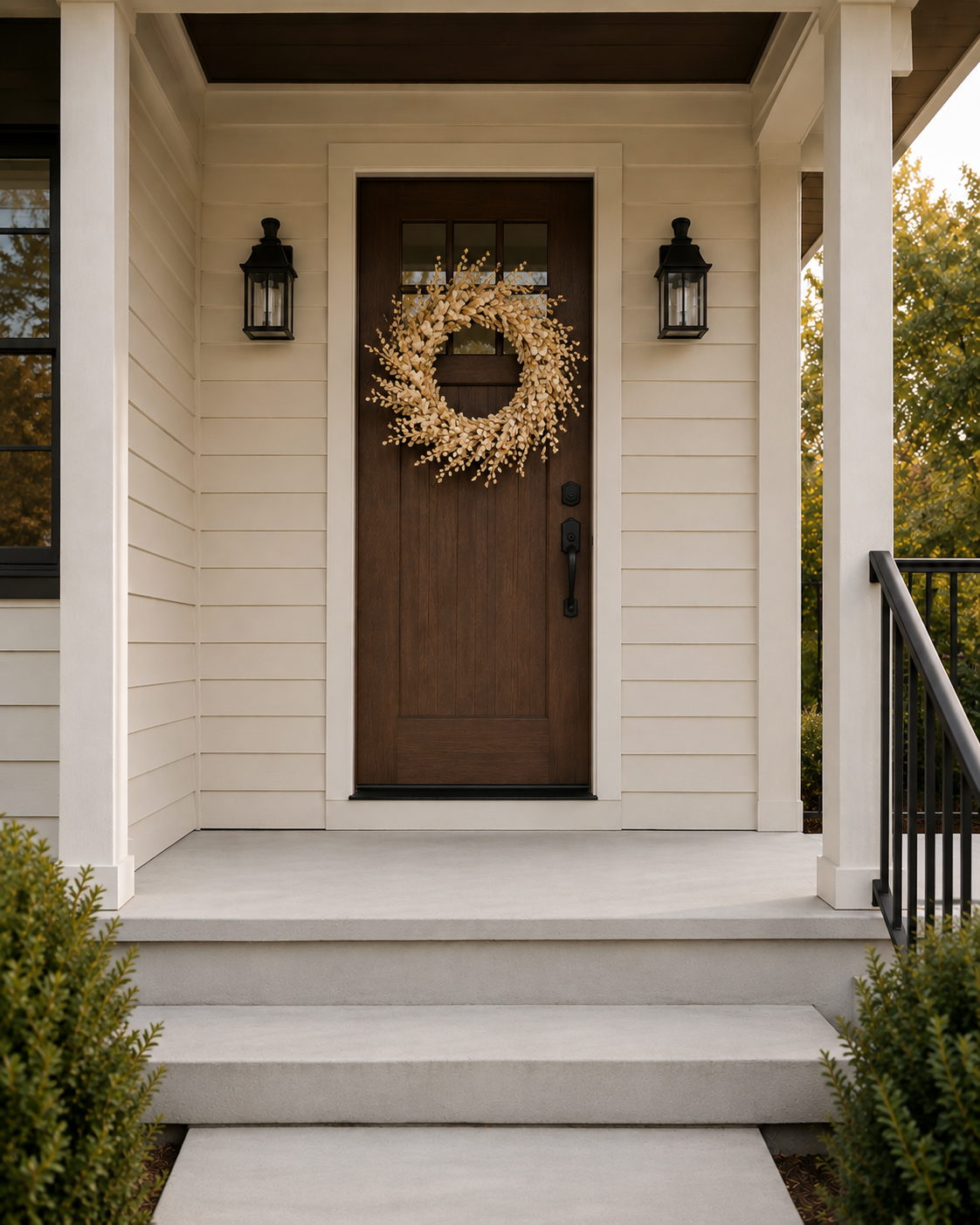 Champagne fall wreath styled on a dark wood front door for a warm fall porch.