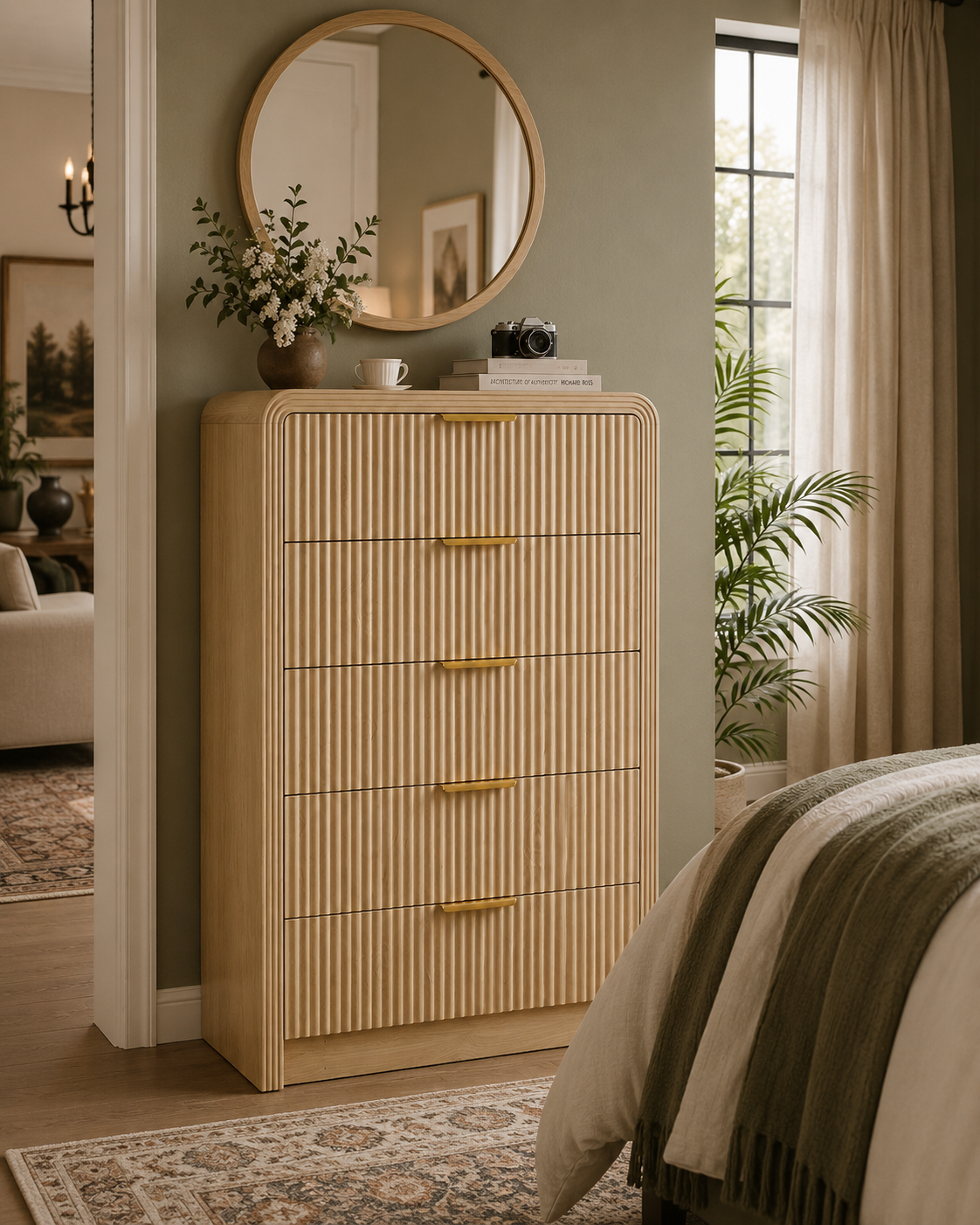 Tall, light wood, fluted dresser with gold hardware styled in an elegant bedroom with a round mirror and greenery.