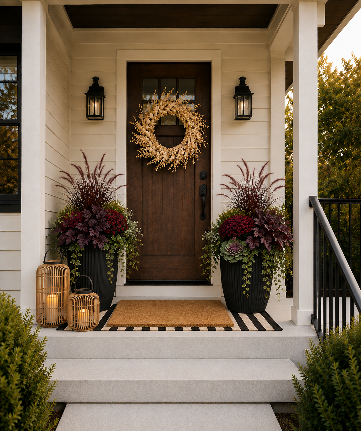 Rattan outdoor lanterns with warm battery-operated candles beside black fall porch planter.