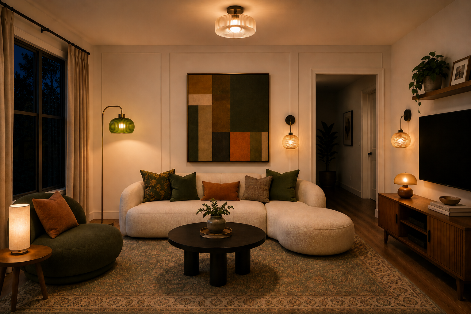 Living room with layered floor, table, accent and cordless rattan wall lighting