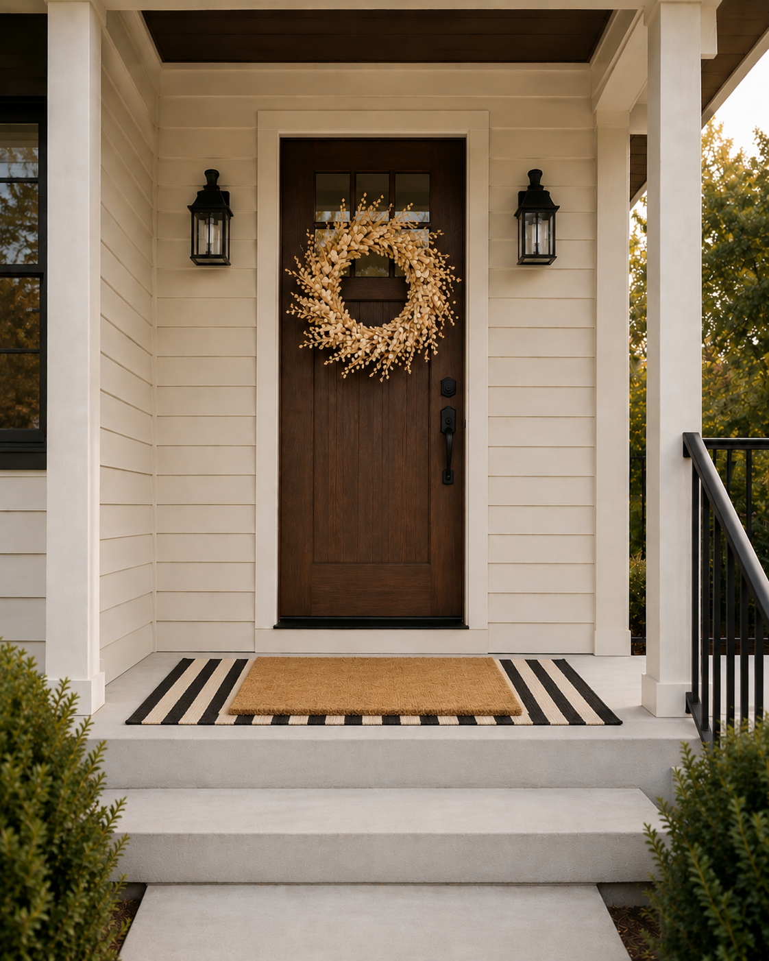 Layered black striped outdoor rug and natural coir doormat on a fall front porch.