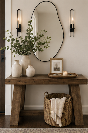 Woven storage basket placed beneath a wood console table to add texture and hidden storage.