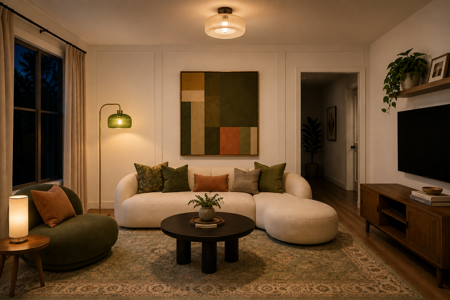 Cozy living room with a floor lamp and slim table lamp creating light at different heights
