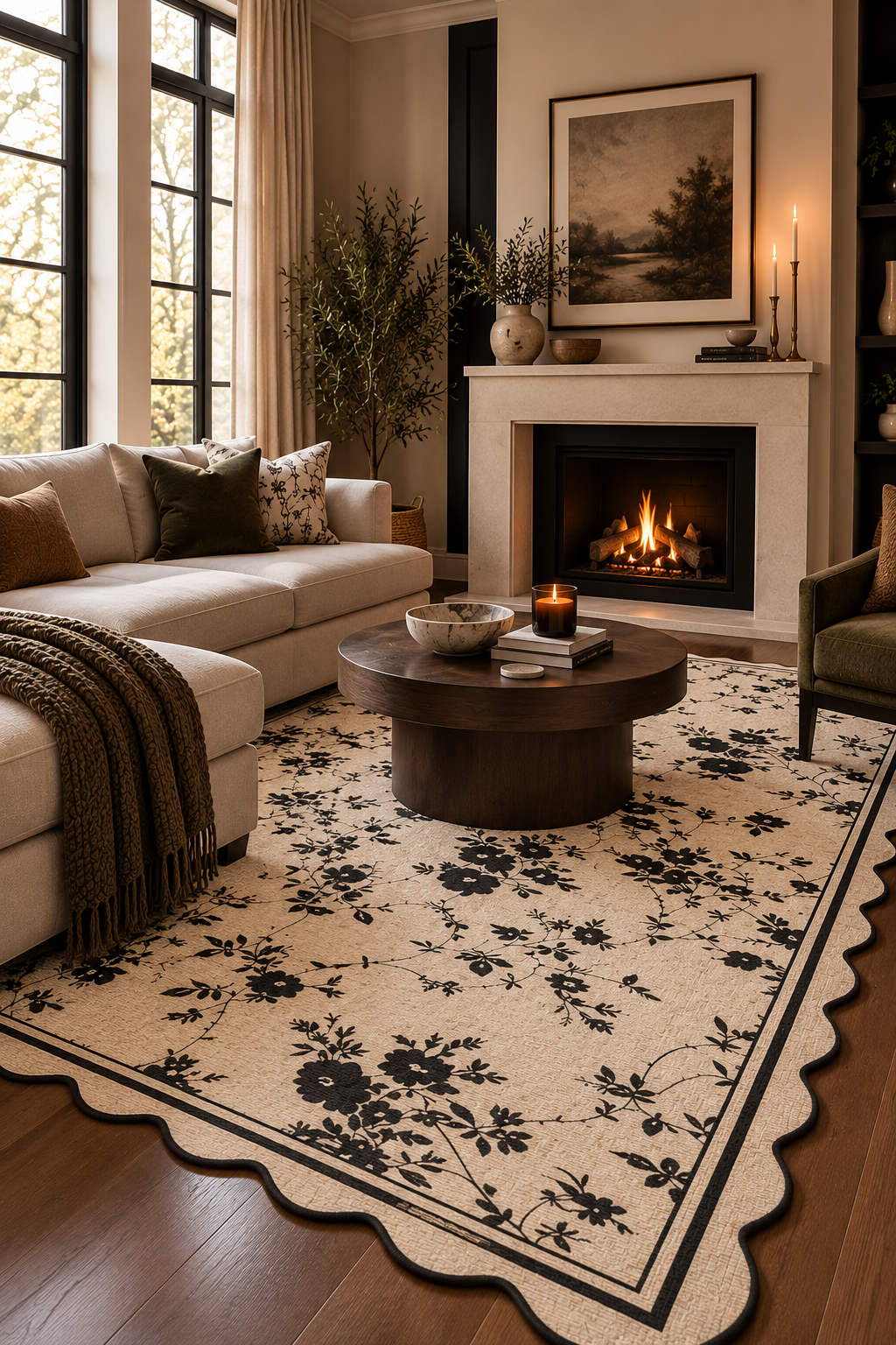 A cozy living room scene with fireplace, sectional sofa, round, wood coffee table and a recatgular, scalloped floral area rug