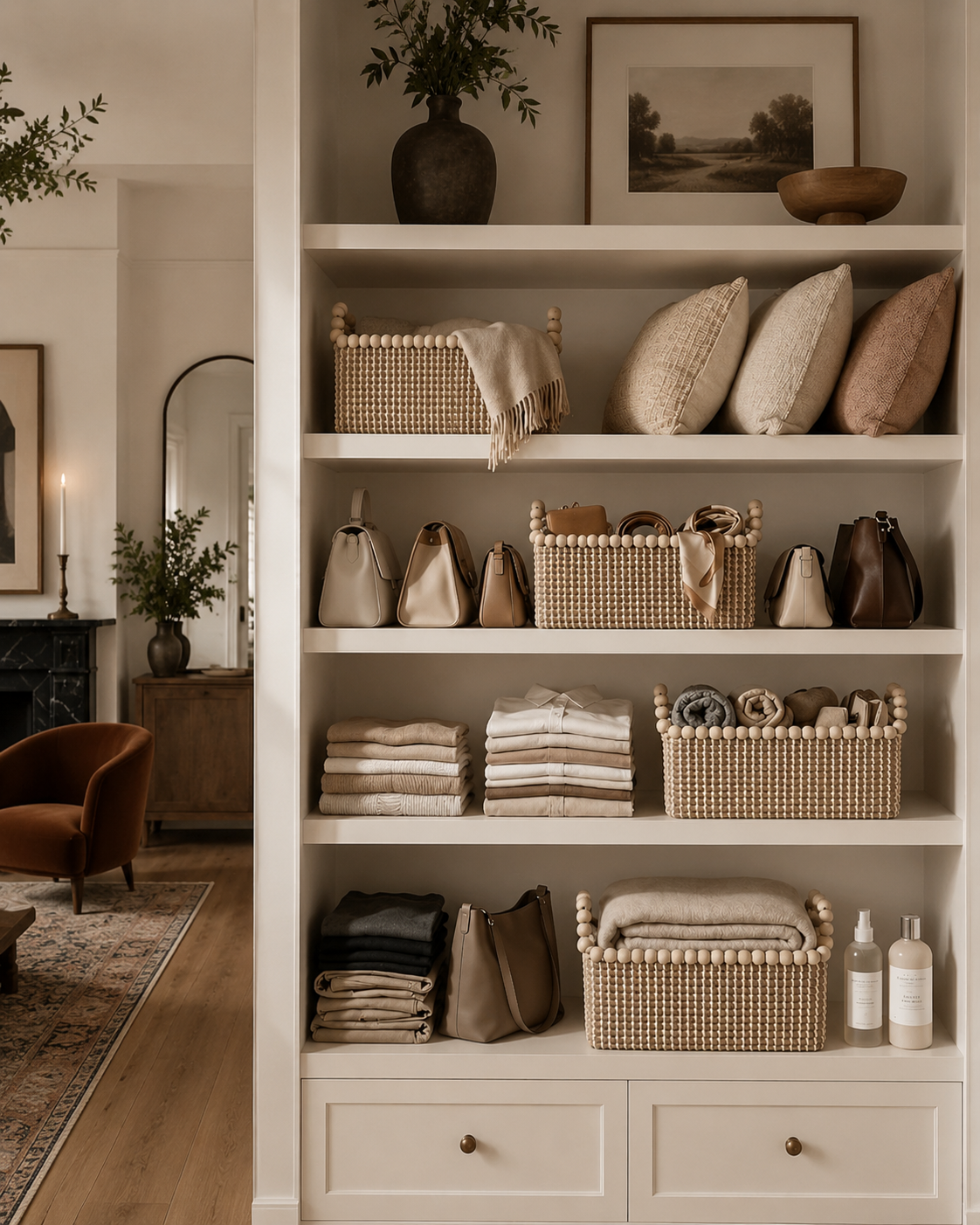 Woven storage baskets styled on open shelves with folded linens, handbags, pillows, and decorative accessories.