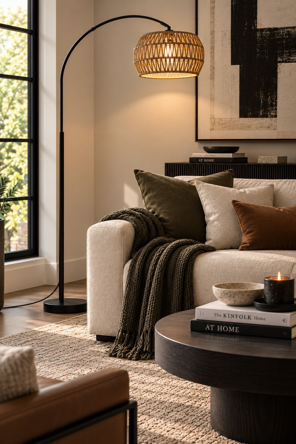 A black metal, arched floor lamp with a rattan shade sits in a modern living room next to a cream sofa with olive green accents, throw pillow and a throw blanket