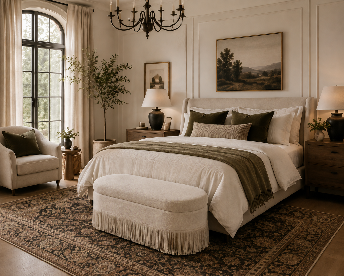 Beige fringed storage ottoman styled at the foot of a bed in an elegant neutral master bedroom