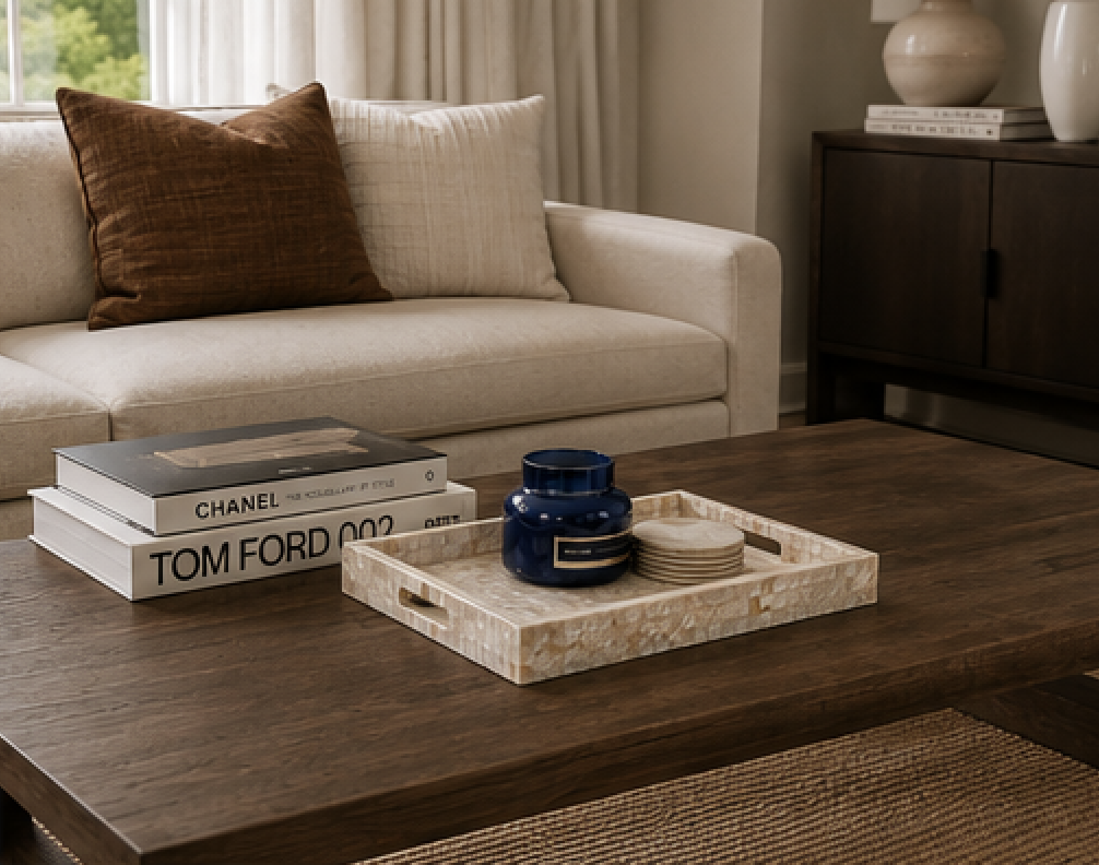 Open interior design coffee table book displayed on a decorative stand in a styled living room.