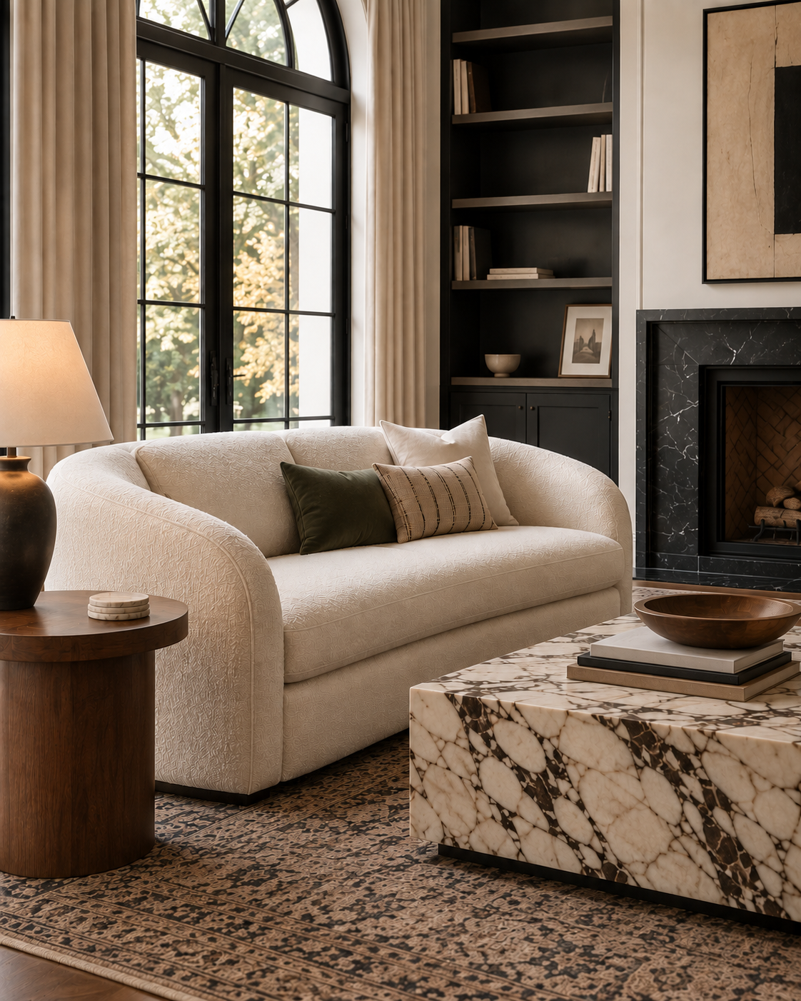 Neutral modern living room before adding subtle fall decor.