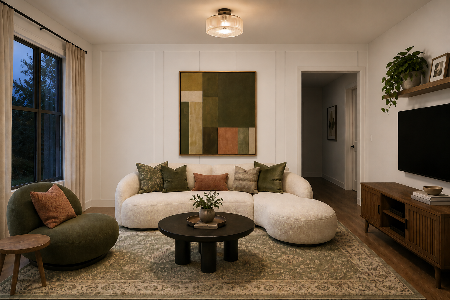 Living room before layered lighting with a single overhead ceiling light and no lamps