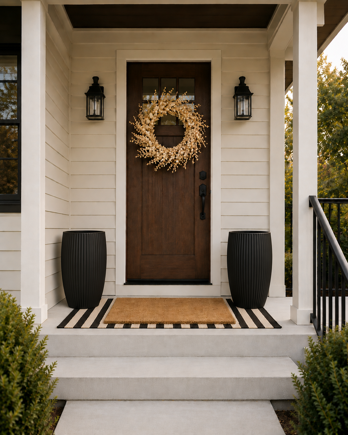 Tall black fluted outdoor planters framing a dark wood front door with fall wreath.