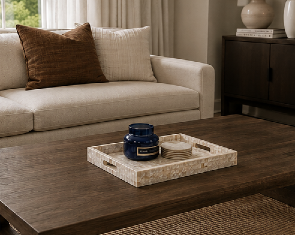 Mother-of-pearl shell-inlay decorative tray styled with a blue candle and coasters on a dark wood coffee table.