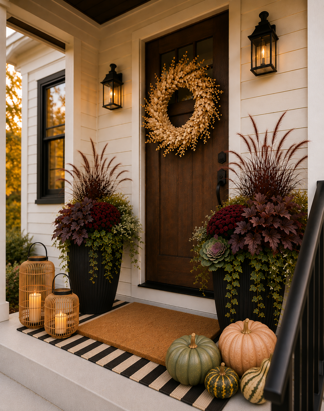 Layered fall front porch with black planters, burgundy foliage, woven lanterns and natural doormat.