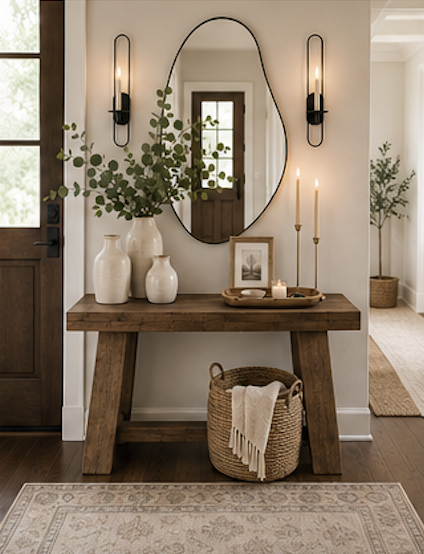 Cozy neutral entryway styled with layered decor including a console table, organic mirror, greenery, candles and woven storage basket
