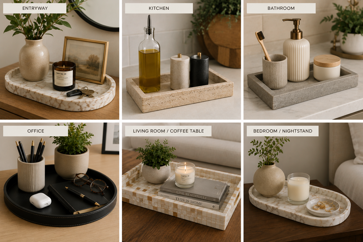 Decorative trays styled throughout a home including an entryway, kitchen, bathroom, home office, coffee table, and bedroom, demonstrating simple ways to organize everyday essentials beautifully.