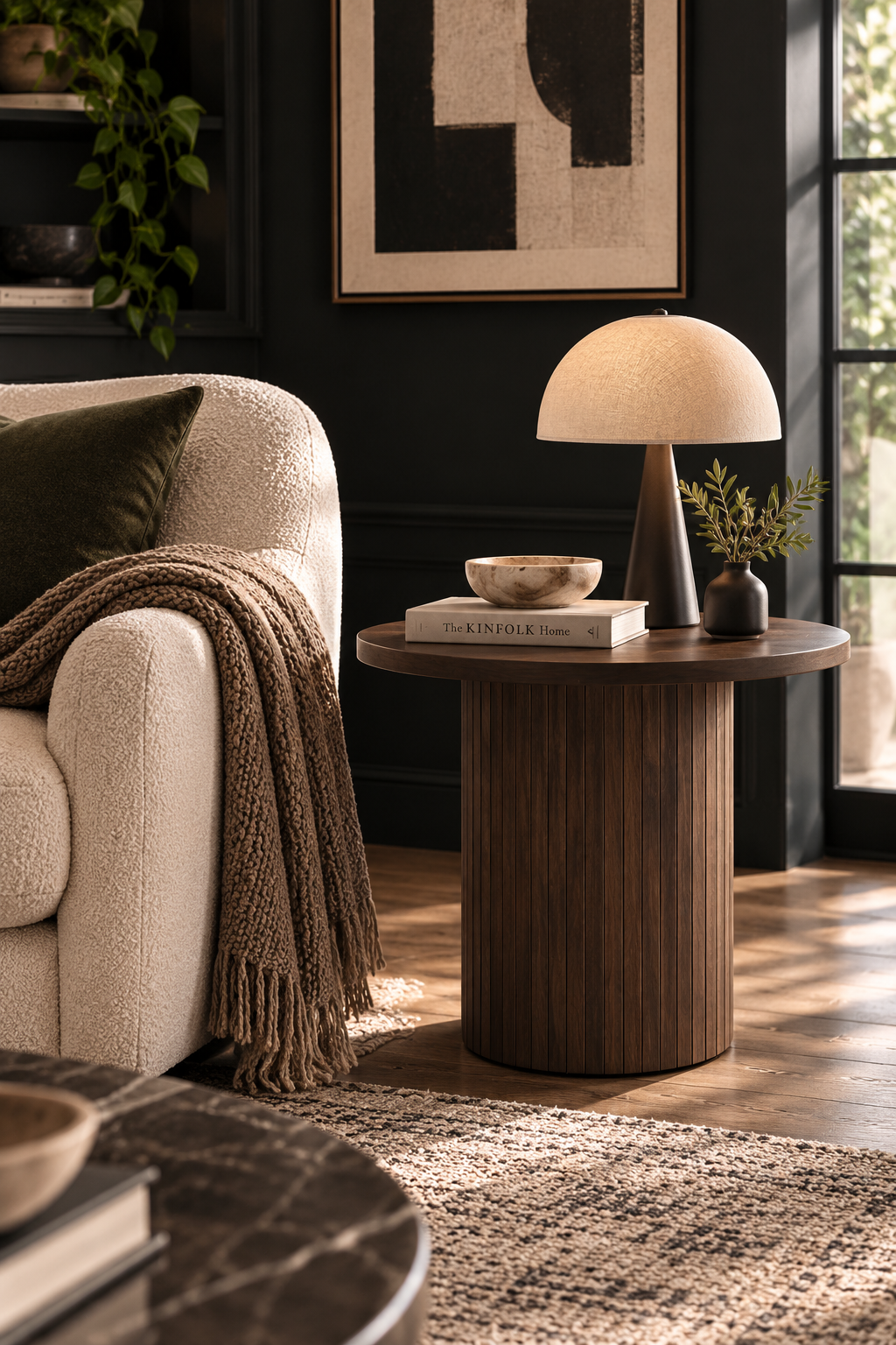 A fluted, warm walnut side table sits next to a cream sofa with a lamp, decorative book, and marble bowl on top