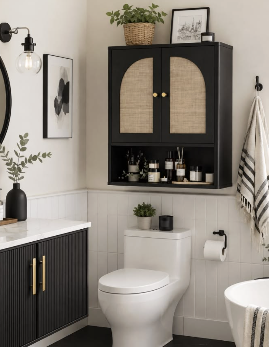 Black wall-mounted bathroom storage cabinet with rattan doors above a toilet in a modern bathroom.