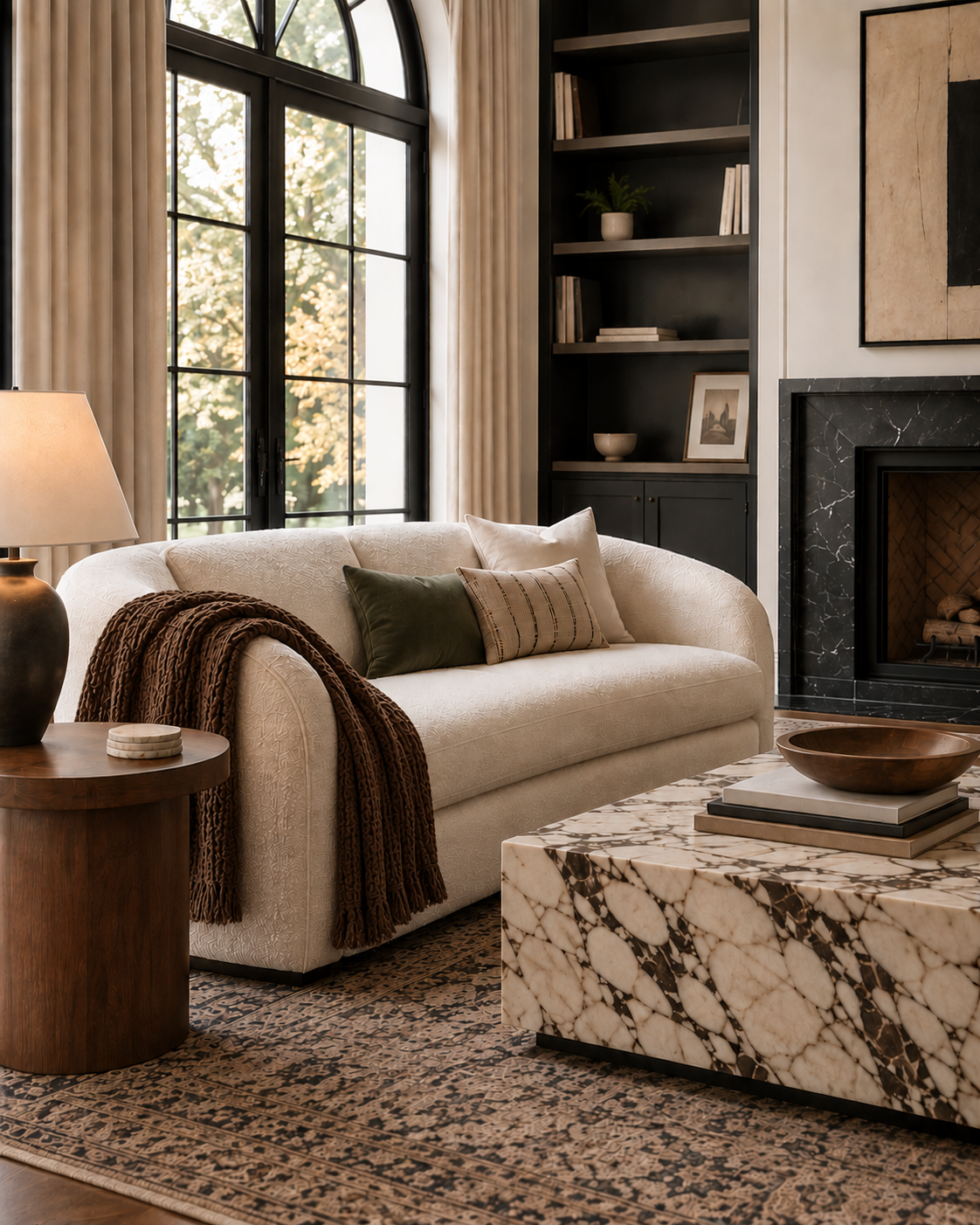 Cream sofa styled for fall with a dark brown textured cotton throw blanket.