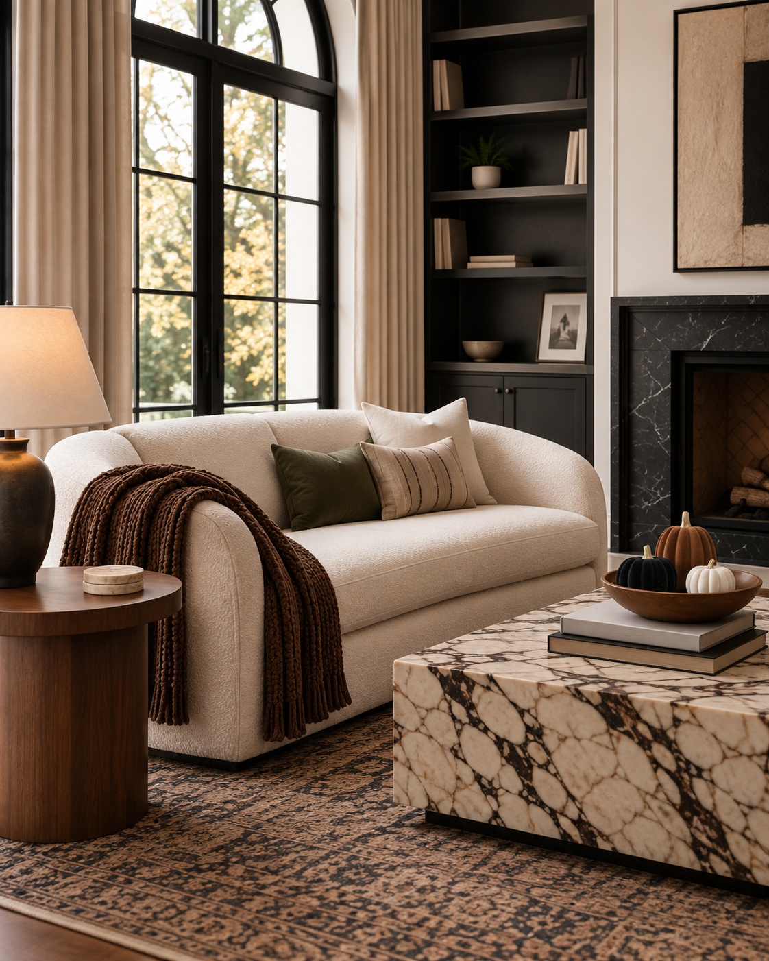 Modern fall living room with black, brown and cream flocked pumpkins styled in a wooden coffee table bowl.