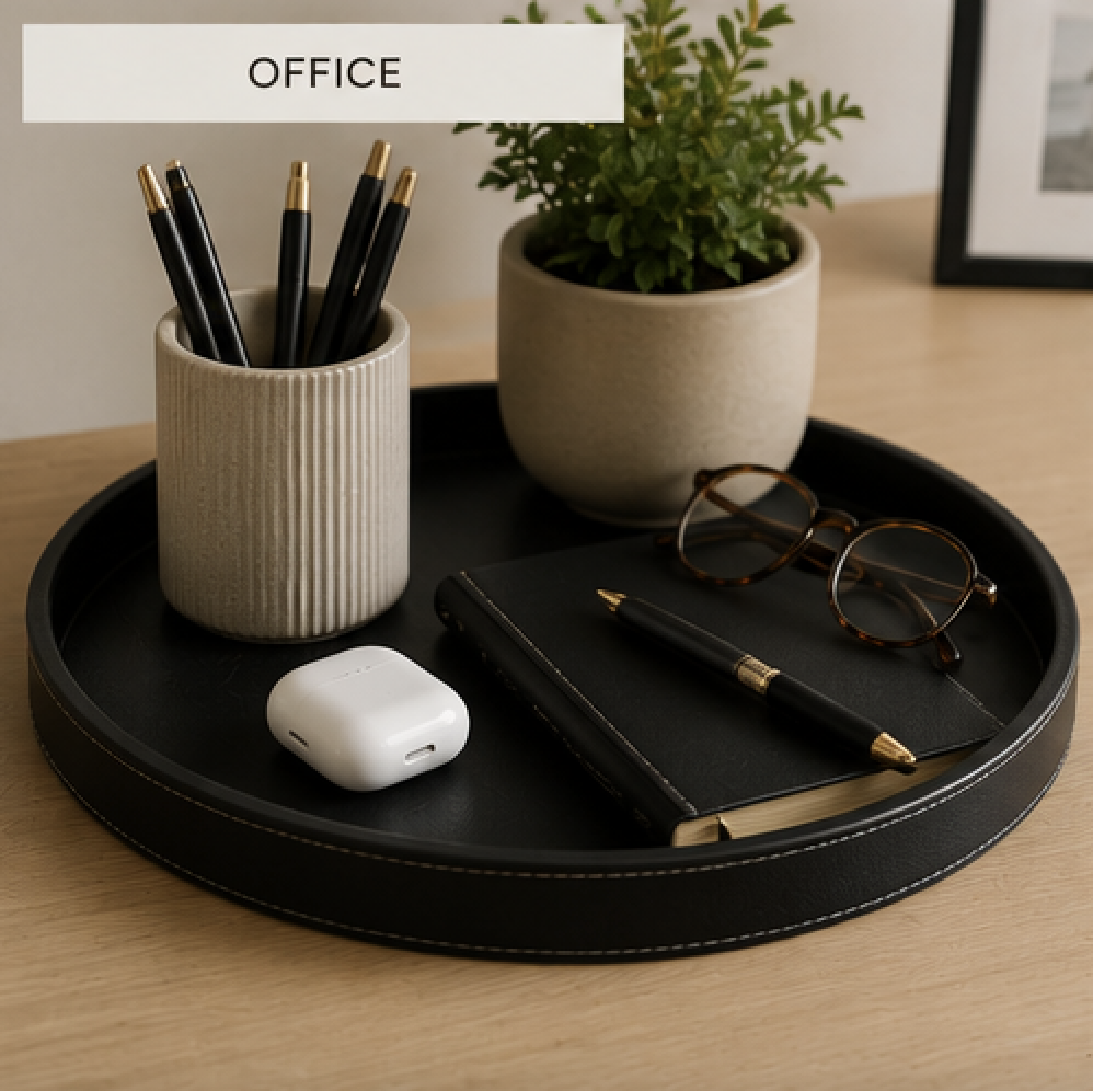 Round black leather tray organizing a notebook, glasses, AirPods, and pens on a modern home office desk.