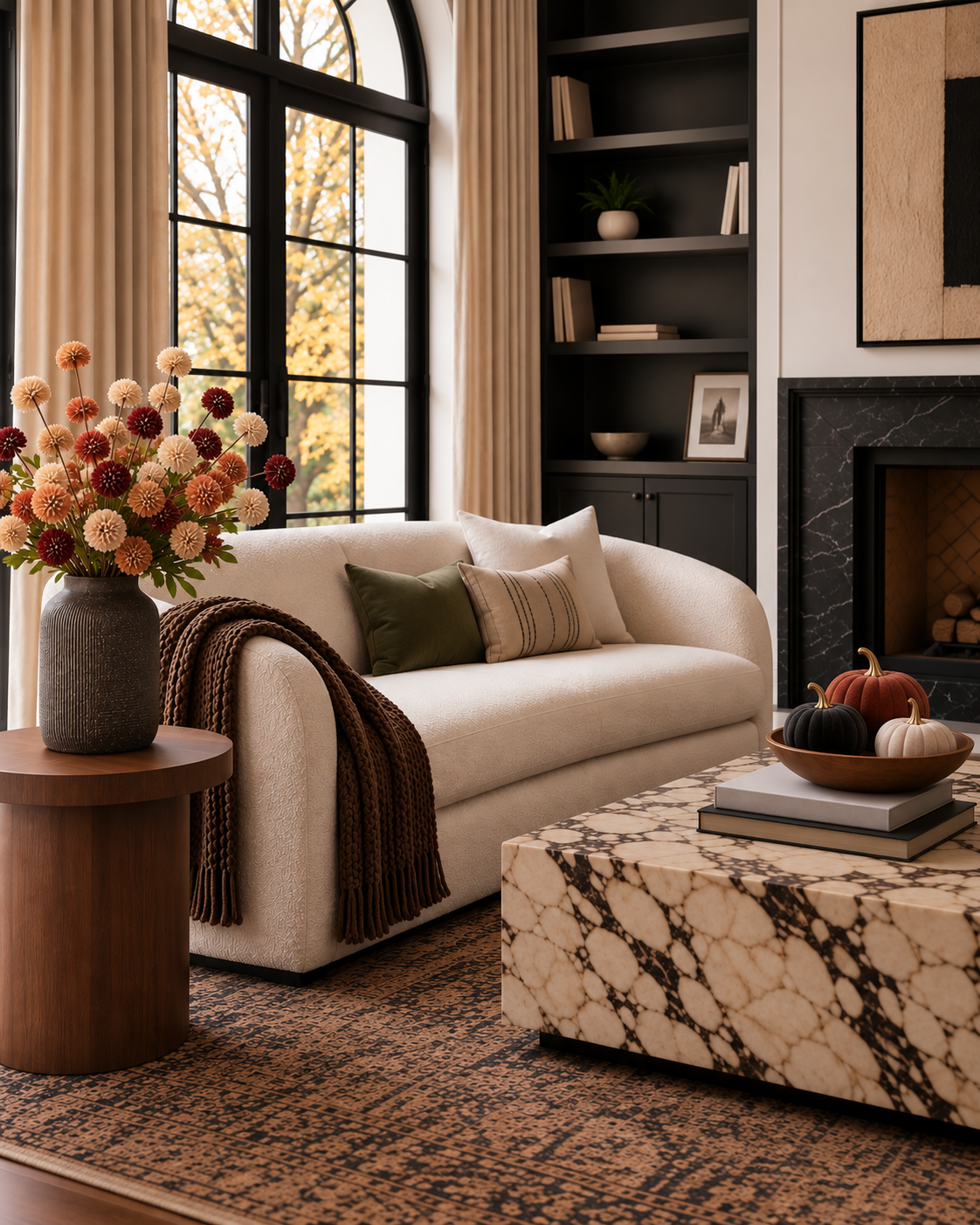 Subtle fall living room with rust, cream and burgundy seasonal florals in a dark textured vase.