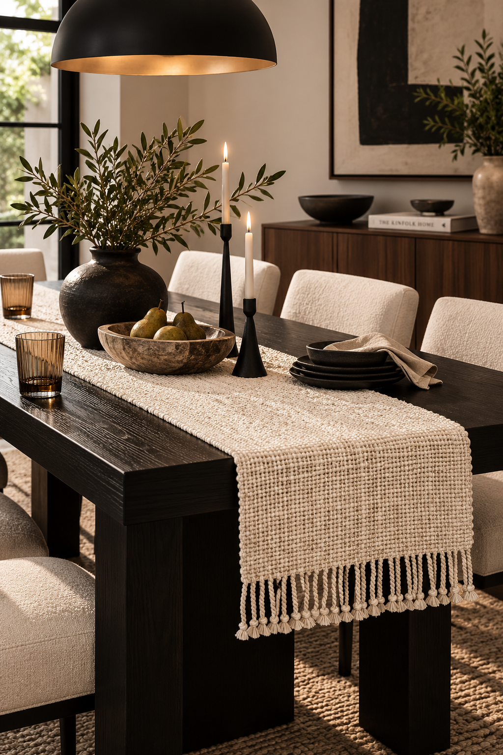 A cream, tasseled tablerunner sits on a black wood dining room table along with a marble bowl of fruit, black tapered candleholders and a black vase of leafy branches