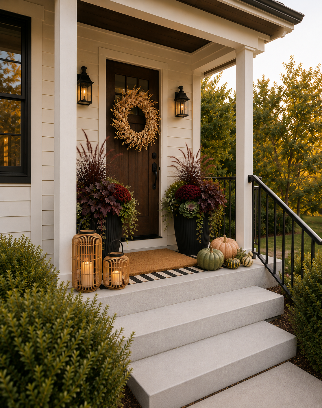 Warm fall front porch decorating ideas with seasonal plants, natural textures, wreath and pumpkins.