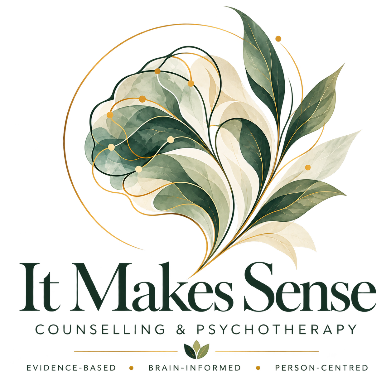 It Makes Sense Counselling & Psychotherapy logo with a botanical brain and leaves