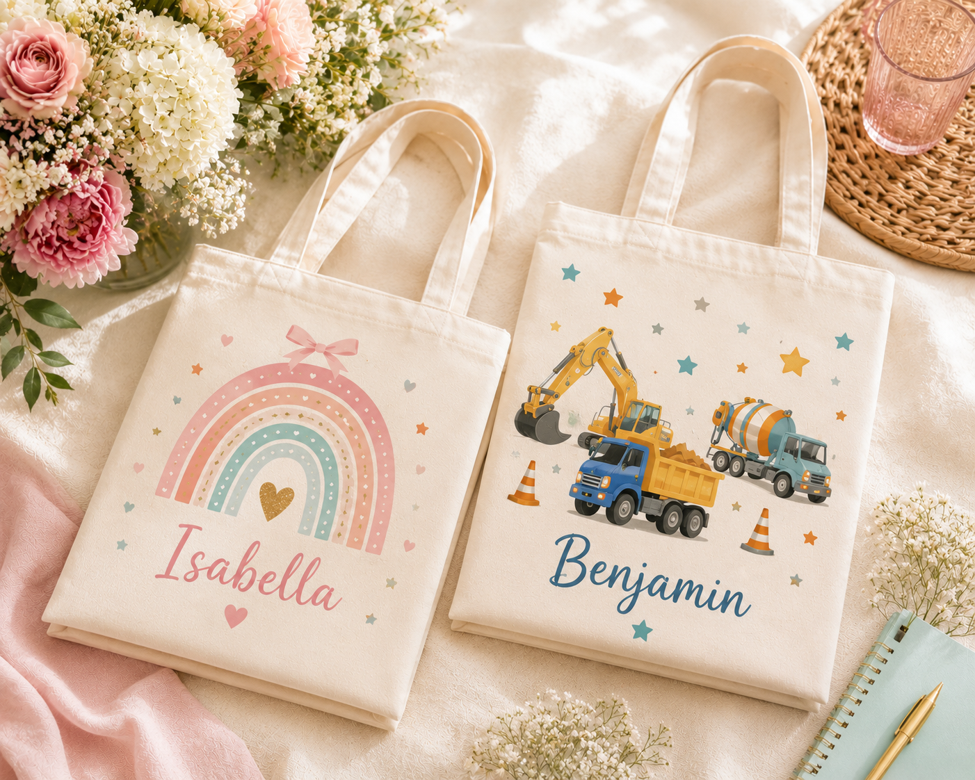 Two personalized canvas tote bags featuring colorful girls' and boys' birthday designs with custom names, displayed on a soft cream linen surface with fresh flowers in bright natural Florida daylight.