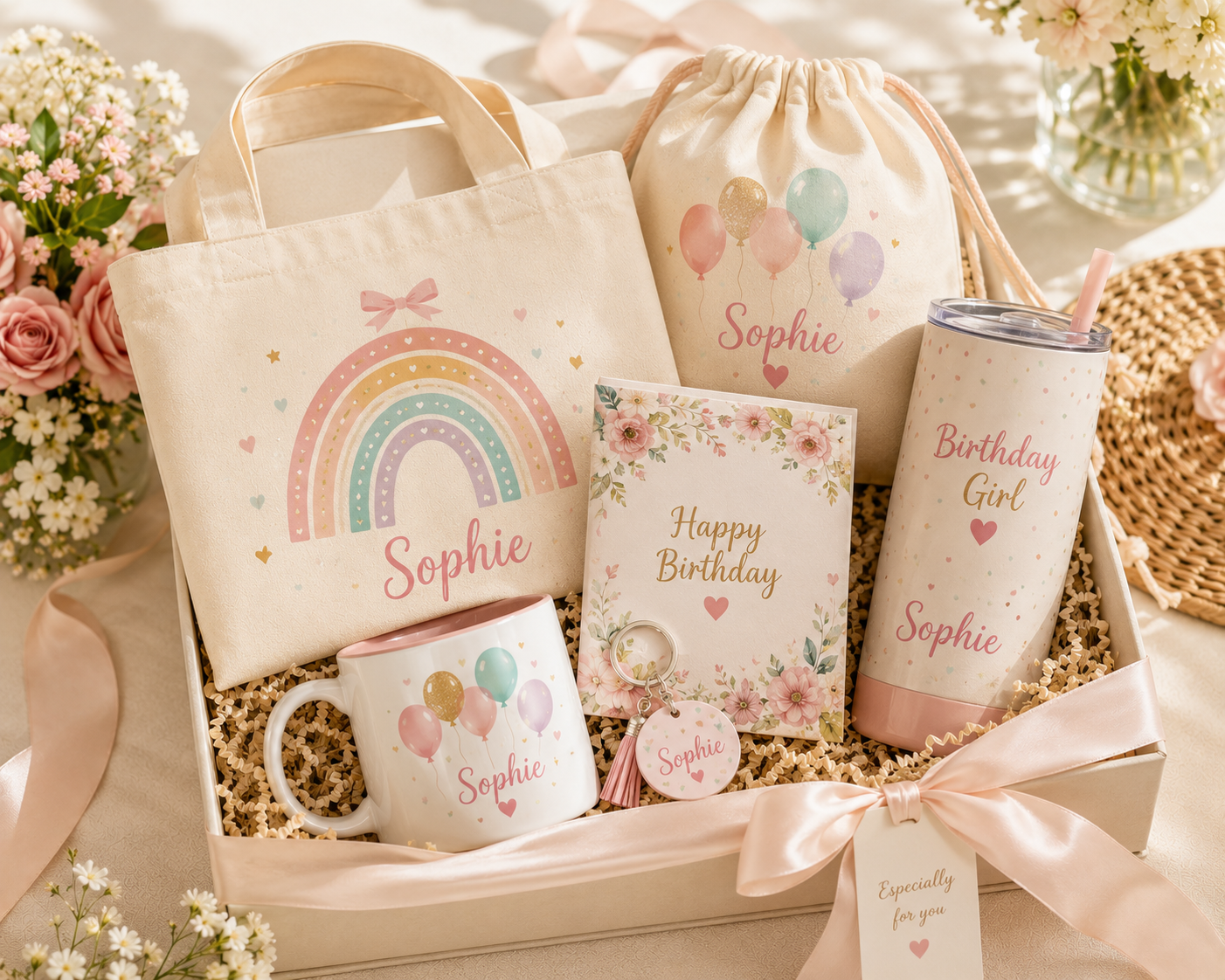 Personalized celebration gift set featuring a canvas tote bag, ceramic mug, insulated tumbler, drawstring bag, acrylic keychain, and greeting card, beautifully arranged in a premium gift box with ribbon and fresh flowers.